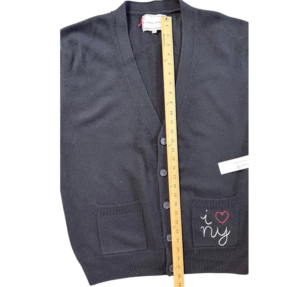 NEW Lingua Franca Black 100% Cashmere I Love NY Hand Stitched Cardigan XL - Picture 5 of 8